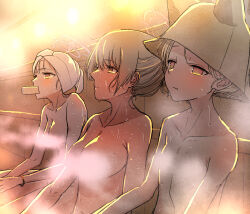 3girls alternate_hairstyle animal_ear_headwear animal_ears blonde_hair blue_archive blush bracelet breasts bright_pupils brown_eyes brown_hair cake censored cleavage closed_mouth collarbone colored_skin commentary completely_nude convenient_censoring expressionless extra_ears fake_animal_ears flat_chest food food_in_mouth gaijin_4koma_(meme) hair_bun halo highres indoors jewelry large_breasts looking_ahead medium_breasts meme mika_(blue_archive) multiple_girls nagisa_(blue_archive) nude pink_eyes pink_halo red_skin sauna seia_(blue_archive) shitsugaikotsu side-by-side single_hair_bun sitting steam steam_censor sweat swiss_roll tea_party_(blue_archive) towel towel_on_head upper_body white_pupils