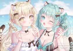 Rule 34 | 2girls, animal ear fluff, animal ears, bare shoulders, beach, bikini, blonde hair, blue bikini, blue eyes, blue hair, blue sky, blush, bow, breasts, brown bikini, cat ears, cat girl, cat tail, cleavage, closed mouth, cloud, collarbone, dress, food, frills, hair between eyes, hair bow, hair ornament, holding, holding food, holding ice cream, holding popsicle, ice cream, ice cream cone, kohinata hoshimi, long hair, looking at viewer, medium breasts, medium hair, multiple girls, ocean, one eye closed, open mouth, original, outdoors, popsicle, sky, smile, striped bikini, striped clothes, sundress, swimsuit, tail, tongue, tongue out, twintails, upper body, water, white dress, yellow eyes