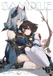 2girls absurdres bare_shoulders black_gloves blue_eyes blue_hair blue_pupils boots breasts bright_pupils brown_hair cherry_blossoms chinese_clothes cleavage closed_mouth detached_sleeves dress english_text gloves gradient_hair grey_hair hair_between_eyes hair_ornament hanya_(honkai:_star_rail) highres honkai:_star_rail honkai_(series) hug large_breasts long_hair low-tied_long_hair multicolored_hair multiple_girls red_eyes red_hair short_hair sitting smile streaked_hair thighhighs waxgourd white_background white_eyes white_pupils xueyi_(honkai:_star_rail) yuri