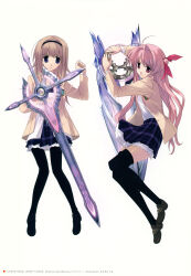 2girls absurdres antenna_hair arms_up artist_request black_hairband black_shoes black_thighhighs blonde_hair bow bowtie brown_jacket brown_shoes buttoned_cuffs buttons chaos;head check_artist clenched_hand cross-laced_shoes d-sword frilled_skirt frills frown hair_between_eyes hairband hand_on_own_stomach highres holding holding_sword holding_weapon jacket loafers long_hair long_sidelocks looking_at_another looking_at_viewer lying multiple_girls nishijou_nanami official_art on_back on_side open_clothes open_jacket open_mouth pantyhose petticoat pink_bow pink_eyes pink_hair plaid_bow plaid_bowtie plaid_clothes plaid_skirt purple_eyes sakihata_rimi sasaki_mutsumi school_emblem school_uniform shirt shoes side_ponytail sidelocks simple_background skirt suimei_school_uniform sword thick_thighs thighhighs thighs weapon white_background white_shirt