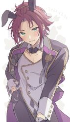 1boy absurdres animal_ears bangs_pinned_back black_gloves black_jacket brooch detached_collar ensemble_stars! gloves green_eyes grey_vest hand_on_own_hip highres isara_mao jacket jewelry long_hair looking_at_viewer male_focus open_clothes open_jacket rabbit_ears red_hair reijiro smile solo vest