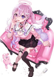 1girl absurdres angel_wings armchair asymmetrical_legwear bandaged_wrist bandages bandaid bandaid_on_neck black_skirt black_thighhighs blush breasts chair cleavage cleavage_cutout clothing_cutout dancho_(dancyo) ear_piercing fishnet_thighhighs fishnets from_above gradient_hair hair_ornament halo heart heart-shaped_pillow heterochromia highres indie_virtual_youtuber jirai_kei kurumizawa_ririka long_hair looking_at_viewer medicine_bottle medium_breasts mini_wings miniskirt mole mole_on_breast multicolored_hair open_mouth piercing pill pillow pink_eyes pink_hair purple_eyes sidelocks sitting skirt smile solo stuffed_animal stuffed_rabbit stuffed_toy thighhighs twintails very_long_hair virtual_youtuber wing_hair_ornament wings
