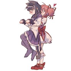 2girls akemi_homura akemi_homura_(magical_girl) animal_ears blush carrying carrying_person ezier full_body glasses heart highres kaname_madoka kaname_madoka_(magical_girl) long_hair mahou_shoujo_madoka_magica mahou_shoujo_madoka_magica_(anime) multiple_girls pink_hair purple_hair short_hair simple_background standing tail white_background yuri