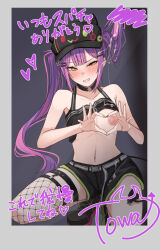 1girl bibi_(tokoyami_towa) black_choker black_hat black_shoes black_shorts black_tank_top black_thighhighs blush breasts choker clenched_teeth cum cum_on_hair ear_piercing fang fingernails fishnet_thighhighs fishnets green_eyes green_nails grin hat heart heart_hands highres hololive long_hair looking_at_viewer multicolored_hair nail_polish namagaki_namero navel navel_piercing nipples piercing pink_hair pink_nails polaroid_photo purple_hair shoes shorts single_thighhigh smile solo squatting stomach streaked_hair tank_top teeth thighhighs thighs tokoyami_towa tokoyami_towa_(1st_costume) translation_request twintails virtual_youtuber