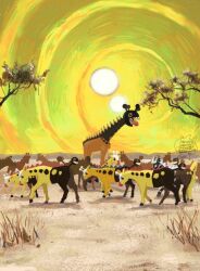 animal_focus commentary_request desert farigiraf from_side gen_2_pokemon girafarig green_sky nintendo no_humans outdoors plant pokemon pokemon_(creature) sagemaru-br signature sky standing sun