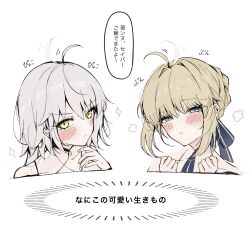 Rule 34 | 2girls, absurdres, afterimage, ahoge, ahoge wag, artoria pendragon (fate), black choker, blonde hair, blue choker, blue eyes, blush, braid, choker, commentary request, expressive hair, fate/grand order, fate (series), grey hair, hair ribbon, hayato hoshi604, highres, jeanne d&#039;arc alter (fate), multiple girls, ribbon, saber (fate), translation request, yellow eyes