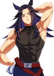 1girl abs absurdres alternate_costume animal_ears arm_up armpits belt breasts brown_belt commentary covered_navel fenomeno_(umamusume) frown gloves hand_on_own_hip highres horse_ears horse_girl horse_tail large_breasts long_hair looking_to_the_side muscular muscular_female open_mouth purple_eyes purple_hair senchan_7 shirt sidelocks simple_background sleeveless sleeveless_shirt solo sweat tail umamusume very_long_hair white_background white_gloves
