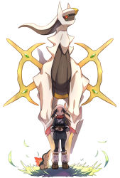 1girl absurdres akari_(pokemon) arceus black_hair brown_footwear commentary_request creatures_(company) cyndaquil eyelashes falling_leaves floating_hair game_freak gen_2_pokemon gen_4_pokemon grey_eyes headscarf highres holding holding_poke_ball leaf legendary_pokemon long_hair loose_socks mythical_pokemon nintendo open_mouth poke_ball hisuian_poke_ball pokemon pokemon_(creature) pokemon_legends:_arceus sash scarf shuro sidelocks socks standing white_headscarf