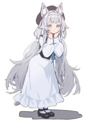 1girl alternate_costume animal_ear_fluff animal_ears arknights black_hat black_shoes black_vest cat_ears cat_girl chack520 chinese_commentary chromatic_aberration closed_mouth commentary dot_nose dress full_body green_eyes grey_hair grey_tail hairband hands_on_own_cheeks hands_on_own_face hat highres light_blush light_smile long_dress long_hair long_sleeves looking_at_viewer low_twintails mary_janes rosmontis_(arknights) shadow shoes simple_background smile solo standing tail twintails very_long_hair vest white_background white_dress white_hair white_hairband