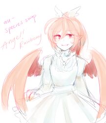 1girl angel angel_wings dress funamusea haiiro_teien long_hair pink_hair pointy_ears ponytail rawberry_preserves smile solo tsukichu white_dress wings