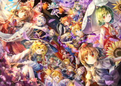 Rule 34 | 222neko, 6+girls, animal ears, apron, ascot, bird ears, black hairband, black hat, black shirt, black vest, blonde hair, blue bow, blue dress, blue eyes, blue hair, blue vest, bow, bow (music), braid, brown dress, brown hair, brown hat, capelet, carrot necklace, cherry blossoms, cirno, closed eyes, closed mouth, collared shirt, commentary request, crescent, crescent hat ornament, detached sleeves, detached wings, dress, epaulettes, fairy, fairy wings, falling petals, floppy ears, flower, frilled bow, frilled hair tubes, frilled hat, frills, gohei, green bow, green eyes, green hair, grey hair, hair bobbles, hair bow, hair ornament, hair ribbon, hair tubes, hairband, hakurei reimu, hat, hat bow, hat ornament, highres, holding, holding gohei, holding instrument, holding trumpet, holding violin, ice, ice wings, inaba tewi, instrument, izayoi sakuya, jewelry, kazami yuuka, keyboard (instrument), kirisame marisa, konpaku youmu, lantern, lily white, long hair, long sleeves, looking at viewer, lunasa prismriver, lyrica prismriver, maid, maid headdress, medicine melancholy, medium hair, merlin prismriver, multiple girls, music, mystia lorelei, necklace, one eye closed, onozuka komachi, open clothes, open mouth, open vest, paper lantern, pendant, petals, phantasmagoria of flower view, pinafore dress, pink dress, pink hat, pink petals, pink vest, plaid clothes, plaid skirt, plaid vest, playing instrument, puffy short sleeves, puffy sleeves, purple ascot, purple bow, rabbit ears, rabbit girl, red bow, red eyes, red hat, red ribbon, red skirt, red vest, reisen udongein inaba, ribbon, ribbon-trimmed dress, ribbon-trimmed sleeves, ribbon trim, scythe, shameimaru aya, shiki eiki, shirt, short sleeves, siblings, side braid, single braid, sisters, skirt, skirt set, sleeveless, sleeveless dress, smile, su-san, sunflower, tokin hat, touhou, trumpet, twin braids, two side up, vest, violin, waist apron, white capelet, white dress, white hat, white shirt, wide sleeves, winged hat, wings, witch hat, yellow ascot, yellow eyes, yellow flower