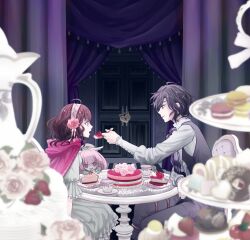 Rule 34 | 1boy, 1girl, ani inako, bags under eyes, black vest, blurry, blurry foreground, brown hair, cake, cake slice, dame x prince, doll, door, feeding, flower, food, from side, fruit, hairband, heart-shaped lock, highres, indoors, lolita hairband, long sleeves, macaron, majiko 2, mare selen el phiriazar, open mouth, plate, shawl, short hair, strawberry, table, vest