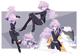 1girl anabel_(pokemon) beast_ball black_footwear blush collared_shirt fangs gen_2_pokemon gloves hair_over_one_eye holding holding_poke_ball legendary_pokemon looking_at_another looking_at_viewer multiple_views nintendo poke_ball pokemon pokemon_(creature) pokemon_sm purple_eyes purple_hair raikou shirt sitting sunglasses throwing throwing_poke_ball ultra_ball unworn_eyewear vergolophus