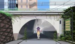 1girl animal_hood blue_hair chain-link_fence city commentary english_commentary fence geta glowing glowing_eyes hands_in_pockets hantoshirom highres hood hoodie kemono_friends outdoors overgrown ribbon sandals scenery short_hair solo standing striped_clothes striped_hoodie tail tsuchinoko_(kemono_friends) tunnel urban wire