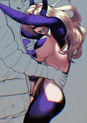Rule 34 | 1boy, 1girl, blonde hair, bodysuit, boku no hero academia, breasts, clauschristmas, domino mask, hand on another&#039;s waist, highres, hug, large breasts, long hair, mask, mount lady, multicolored bodysuit, partially colored, purple bodysuit, sex, sweat, unfinished