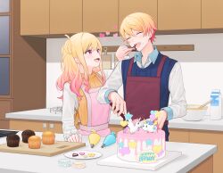 1boy 1girl 2_(tsvf3235) baking blonde_hair blue_vest blush bowl brother_and_sister cake collared_shirt cookie counter cupboard cupcake feeding food gradient_hair hair_between_eyes happy_birthday heart highres holding indoors kitchen long_hair long_sleeves milk mixing_bowl multicolored_hair open_mouth orange_hair pastry_bag pegasus pink_hair project_sekai shirt short_hair siblings sidelocks smile tenma_saki tenma_tsukasa vest yellow_vest