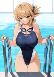 1girl absurdres aegis_(takunomi) bare_arms bare_shoulders blonde_hair blue_one-piece_swimsuit blush breasts cleavage collarbone commentary_request competition_school_swimsuit competition_swimsuit covered_navel elf enjo_kouhai folded_ponytail goggles goggles_around_neck green_eyes hair_intakes hair_ornament hairclip highleg highleg_one-piece_swimsuit highres large_breasts long_hair long_pointy_ears looking_at_viewer one-piece_swimsuit original parted_lips partially_submerged pointy_ears pool pool_ladder poolside school_swimsuit sidelocks skindentation solo standing swimsuit takunomi water wet wet_clothes wet_swimsuit