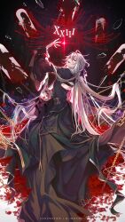 1boy :d androgynous ankou_(shuuen_no_virche) arm_up back_cutout black_robe blood braid chain clothing_cutout dome flower from_behind full_body glass_shards glitch grey_hair hair_between_eyes hair_ribbon half_up_braid highres imi_fumei_(imifu-imifu) indoors light_particles long_hair long_sleeves looking_at_viewer looking_back male_focus open_mouth petals pillar red_eyes red_flower red_ribbon ribbon robe roman_numeral shards shuuen_no_virche silhouette skull smile solo spider_lily teeth upper_teeth_only very_long_hair wide_sleeves