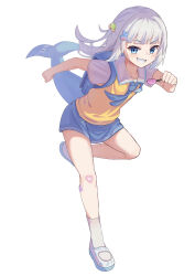 1girl absurdres backpack bag bandaid bandaid_on_knee bandaid_on_leg blue_bag blue_eyes blue_hair blue_skirt closed_mouth collared_shirt crime_prevention_buzzer fins fish_tail gawr_gura gawr_gura_(school_uniform) grey_hair hair_ornament heart heart-shaped_bandaid highres hololive hololive_english hsh looking_at_viewer medium_hair multicolored_hair official_alternate_costume rabbit_hair_ornament shark_girl shark_tail sharp_teeth shirt shoes skirt smile socks solo streaked_hair tail teeth vest virtual_youtuber white_shirt white_shoes white_socks yellow_vest