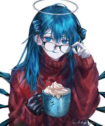 1girl :p absurdres adjusting_eyewear ahoge alternate_costume arknights arknights_yuu12 asymmetrical_gloves black-framed_eyewear black_gloves blue_eyes blue_hair blue_horns blue_tongue closed_mouth colored_tongue commentary cup demon_horns frappuccino glasses gloves hair_between_eyes hair_ornament hairpin halo hand_up highres holding holding_cup horns knit_sweater looking_at_viewer mismatched_gloves mostima_(arknights) red_sweater simple_background single_sidelock solo sweater symbol-only_commentary tongue tongue_out traditional_halo twitter_username upper_body white_background white_gloves white_halo