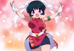 Rule 34 | 1girl, arms up, beyblade, bike shorts, blue hair, breasts, china dress, chinese clothes, commentary request, double bun, dress, fingerless gloves, gloves, hair bun, kaidou zx, large breasts, mei mei (beyblade), metal fight beyblade, open mouth, purple eyes, solo
