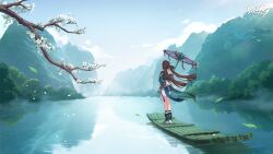 1girl back boots brown_hair chinese_clothes full_body highres holding holding_umbrella honkai_(series) honkai_impact_3rd kneepits li_sushang li_sushang_(peregrine_sword) long_hair mountainous_horizon nature official_art oil-paper_umbrella petals river solo standing tree umbrella very_long_hair water