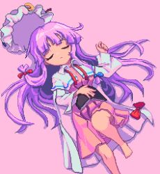 Rule 34 | 1girl, barefoot, bow, closed eyes, closed mouth, commentary, crescent, crescent hat ornament, dress, dress bow, hair bow, hat, hat ornament, long hair, lying, mob cap, on back, patchouli knowledge, pink dress, pixel art, potemki11, purple background, purple hair, red bow, robe, simple background, solo, touhou, unworn headwear, very long hair