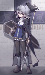 1girl absurdres black_gloves black_pantyhose boots breasts closed_mouth gloves grey_hair helmet highres holding holding_polearm holding_shield holding_weapon imazawa knight original pantyhose polearm red_eyes shield short_hair small_breasts solo spear weapon