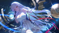 1girl abroccoli absurdres astrolabe bare_shoulders between_breasts breasts cleavage collarbone commentary_request constellation dress earendel_(jishenkong_jihua) glint gloves hand_up highres holding holding_microphone jishenkong_jihua large_breasts lens_flare light_trail long_hair looking_ahead microphone night night_sky open_mouth orrery red_eyes see-through_clothes see-through_dress sky sleeveless sleeveless_dress smile solo star_(sky) star_(symbol) starry_sky thighs very_long_hair virtual_youtuber white_dress white_gloves white_hair