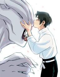 1boy 1girl andythelemon black_hair black_pants closed_eyes demon drooling falling_petals glint hetero jewelry jujutsu_kaisen kiss monster okkotsu_yuuta orimoto_rika pale_skin pants petals profile ring sharp_teeth shirt_tucked_in short_hair teeth tokyo_toritsu_jujutsu_koutou_senmon_gakkou white_background