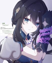 1girl black_hair chained_wrists commentary detached_sleeves dress gloves green_dress green_eyes green_gloves green_hair grey_background highres honkai:_star_rail honkai_(series) iooqq jewelry long_hair looking_at_viewer multicolored_hair necklace pearl_necklace ruan_mei_(honkai:_star_rail) simple_background smile solo streaked_hair twitter_username two-tone_hair upper_body