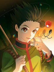 1boy black_hair brown_eyes child drop_shadow fishing_rod gon_freecss green_jacket highres holding hook hunter_x_hunter jacket looking_at_viewer male_focus open_mouth ppttppff scratching_cheek shadow short_hair smile solo spiked_hair upper_body