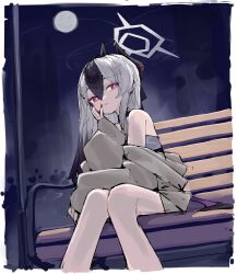 1girl absurdres bare_legs bench black_choker black_hair black_horns black_nails blue_archive border brown_jacket choker demon_horns demon_wings dress ear_piercing full_moon grey_halo hair_between_eyes halo hand_on_own_cheek hand_on_own_face highres horns jacket jacket_partially_removed kayoko_(blue_archive) kayoko_(dress)_(blue_archive) lamppost long_hair moon multicolored_hair nail_polish night official_alternate_costume on_bench outdoors park_bench piercing red_eyes scarlet23i0 single_wing sitting solo two-tone_hair white_border white_hair wings