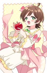 1girl ahoge apple blush_stickers bow brown_hair collar detached_collar detached_sleeves dress eyelashes feet_out_of_frame flipped_hair food frilled_collar frills fruit green_eyes highres holding holding_food holding_fruit idolmaster idolmaster_million_live! idolmaster_million_live!_theater_days kinoshita_hinata looking_at_viewer official_alternate_costume open_mouth pants parted_bangs pink_bow pink_dress polka_dot polka_dot_background round_collar shirt short_hair sidelocks solo sukoyaka_(100hituzi) white_collar white_pants white_shirt wide_sleeves yellow_background