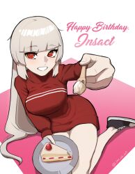 1girl absurdres artist_name black_shoes borrowed_character breasts brown_hair cake cake_slice commentary english_commentary food fork habin_(rusellunt) happy_birthday highres holding holding_fork holding_plate joe_westbrook long_hair open_mouth original pink_background plate red_eyes red_sweater shoes simple_background sitting sneakers solo sweater turtleneck twitter_username two-tone_background white_background white_mouth