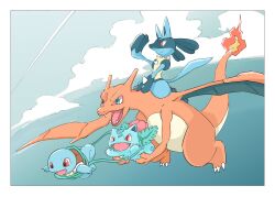 blue_eyes charizard claws cloud fangs fire flying gen_1_pokemon gen_4_pokemon holding holding_pokemon ivysaur looking_afar lucario momota_pix nintendo pokemon pokemon_(creature) red_eyes riding riding_pokemon sky squirtle vine_whip wings