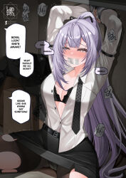 1girl artist_logo belt black_belt black_bra black_necktie black_skirt blush bra breasts collarbone collared_shirt english_text gag grey_eyes grey_hair highres hololive hololive_indonesia improvised_gag landacdeus logo long_hair long_sleeves necktie pantyhose partially_unbuttoned patreon_username ponytail restrained shirt skirt solo speech_bubble tape tape_gag tearing_up torn_clothes torn_pantyhose trembling twitter_username underwear undone_necktie vestia_zeta virtual_youtuber white_shirt