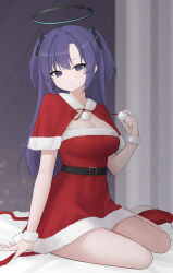 1girl absurdres alternate_costume arm_support bed belt black_belt black_halo blue_archive blue_eyes blue_hair blurry bokeh breasts capelet christmas city_lights cleavage commentary curtains depth_of_field dress fingernails fur-trimmed_capelet fur-trimmed_dress fur_trim gomzzit hair_ornament halo hat headgear high_belt highres indoors long_hair looking_at_viewer mechanical_halo medium_breasts on_bed pom_pom_(clothes) red_capelet red_dress santa_costume santa_dress santa_hat short_dress sitting solo sweatdrop triangle_hair_ornament two_side_up untying unworn_hat unworn_headwear window wrist_cuffs yokozuwari yuuka_(blue_archive)