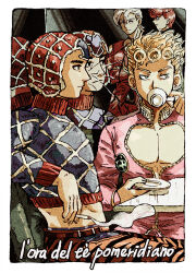1girl 3boys animal_print argyle_clothes argyle_sweater blonde_hair cigarette cleavage_cutout clothing_cutout crop_top cup giorno_giovanna guido_mista hat italian_flag jojo_no_kimyou_na_bouken kotobawa ladybug_ornament male_focus midriff mirror multiple_boys pannacotta_fugo pectoral_cleavage pectorals pink_hair saucer sweater teacup tiger_print trish_una vento_aureo white_hair wing_ornament