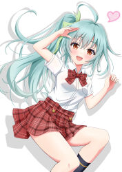 Rule 34 | 1girl, :d, absurdres, ahoge, aqua hair, arm up, black socks, blush, bow, bowtie, brown eyes, cinderella series, collared shirt, drop shadow, feet out of frame, green bow, hachigatsu no cinderella nine, hair bow, heart, high side ponytail, highres, long hair, looking at viewer, miniskirt, open mouth, osaki miyo, plaid bow, plaid bowtie, plaid clothes, plaid skirt, pleated skirt, red bow, red bowtie, school uniform, shinshiro, shirt, short sleeves, simple background, skirt, smile, socks, solo, teeth, upper teeth only, white background, white shirt