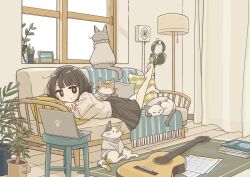1girl barefoot carpet cat computer east_sha2 guitar highres indoors instrument kageta_yu lamp laptop lying on_stomach original plant potted_plant sheet_music the_pose window