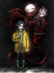 1boy 1other absurdres balloon black_gloves black_hair blue_eyes boots demon_horns fingernails food frown full_body georgie_denbrough gloves hair_over_one_eye highres holding holding_balloon holding_food holding_ice_cream horns ice_cream it_(stephen_king) jacket kd_sayakayui looking_at_another looking_at_viewer open_clothes open_jacket pennywise raincoat red_eyes rubber_boots sharp_fingernails tongue tongue_out watermark white_hair yellow_jacket yellow_raincoat