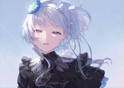 black_dress blue_flower collar colored_inner_hair dress feathers flower frilled_collar frilled_dress frills grey_hair grey_wings hair_ornament hairband highres leggings lotus low_wings multicolored_hair purple_eyes re:act timukai usuwa_suu virtual_youtuber white_feathers white_hairband white_leggings white_wings wings