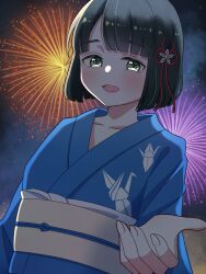 1girl :d aerial_fireworks black_hair blue_kimono blunt_bangs blunt_ends blush bob_cut collarbone commentary_request fireworks flower flower_knot green_eyes hair_flower hair_ornament highres japanese_clothes kimono link!_like!_love_live! looking_at_viewer love_live! momose_ginko obi obiage obijime offering_hand official_alternate_costume okome_(okome_l_l) open_mouth pink_flower sash short_hair smile solo upper_body virtual_youtuber yellow_sash