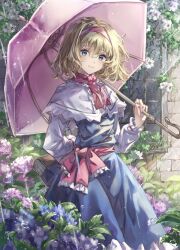 1girl alice_margatroid blonde_hair blue_dress blush book capelet closed_mouth dress flower full_body grimoire grimoire_of_alice hairband highres holding holding_book holding_umbrella looking_at_viewer nanop38 pink_hairband pink_umbrella rain red_scarf scarf short_hair smile solo sun_shower touhou umbrella white_capelet