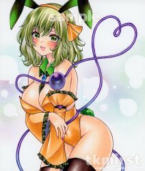 Rule 34 | 1girl, animal ears, ascot, bare shoulders, black ascot, breasts, cleavage, collar, covered navel, detached collar, detached sleeves, diamond brooch, eyeball, fake animal ears, frilled sleeves, frills, green collar, green eyes, hairband, heart, heart of string, highres, irs t km, komeiji koishi, leotard, looking at viewer, playboy bunny, rabbit ears, rabbit tail, short hair, solo, strapless, strapless leotard, tail, thighhighs, third eye, touhou, wide sleeves, yellow hairband, yellow leotard