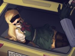 1girl 1other absurdres arms_behind_back ball_gag bdsm black_gloves blindfold blonde_hair bondage bound bow cad_(caddo) car_trunk commentary commission danganronpa_(series) danganronpa_2:_goodbye_despair dress english_commentary gag gagged gloves hair_bow highres in_trunk kidnapping long_hair long_sleeves looking_at_viewer pixiv_commission pov scared second-party_source short_sleeves sonia_nevermind sweatdrop thighhighs