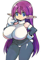 1girl absurdres black_pantyhose blue_eyes breasts elf galaxy_fight gloves hand_on_own_hip highres huge_breasts long_hair looking_at_viewer midriff muramasa_mikado navel panties pantyhose pointy_ears purple_hair roomi shirt sleeveless sleeveless_shirt standing underboob underwear white_background white_gloves white_panties white_shirt wide_hips