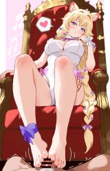 1girl absurdres animal_ears barefoot blonde_hair blue_eyes blush braid cum ejaculation feet footjob highres indie_virtual_youtuber leotard light_smile long_hair looking_at_viewer single_braid sitting sopralto throne toes uroichi