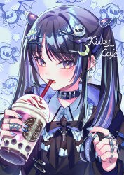 1girl absurdres black_choker black_hoodie black_ribbon blue_nails blush character_hair_ornament choker commentary crescent crescent_hair_ornament cup drinking_straw ear_piercing earrings fang frilled_shirt_collar frills hair_ornament highres holding holding_cup hood hood_down hoodie jewelry jirai_kei kirby_(series) long_hair long_sleeves looking_at_viewer meta_knight nail_polish neck_ribbon nintendo open_mouth original piercing purple_eyes purple_hair ribbon ring skin_fang solo star_(symbol) suzaku_(zaku6584) twintails upper_body wing_collar